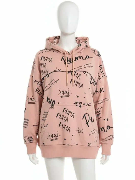 Puma Blush Pink All-Over Graffiti Print Pullover Hoodie Size L - Picture 4 of 12